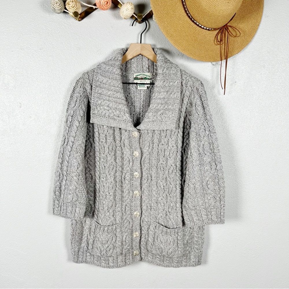 Aran Crafts Ireland Fisherman Cable Knit Merino Wool Cardigan Sweater Gray Large